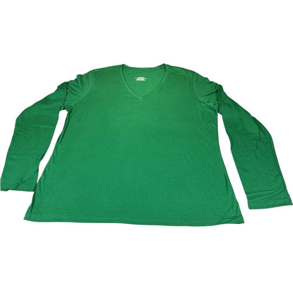 Womens 3XL Green‎ V Neck Long Sleeve T Shirt 100% Cotton Basic Tee NWOT